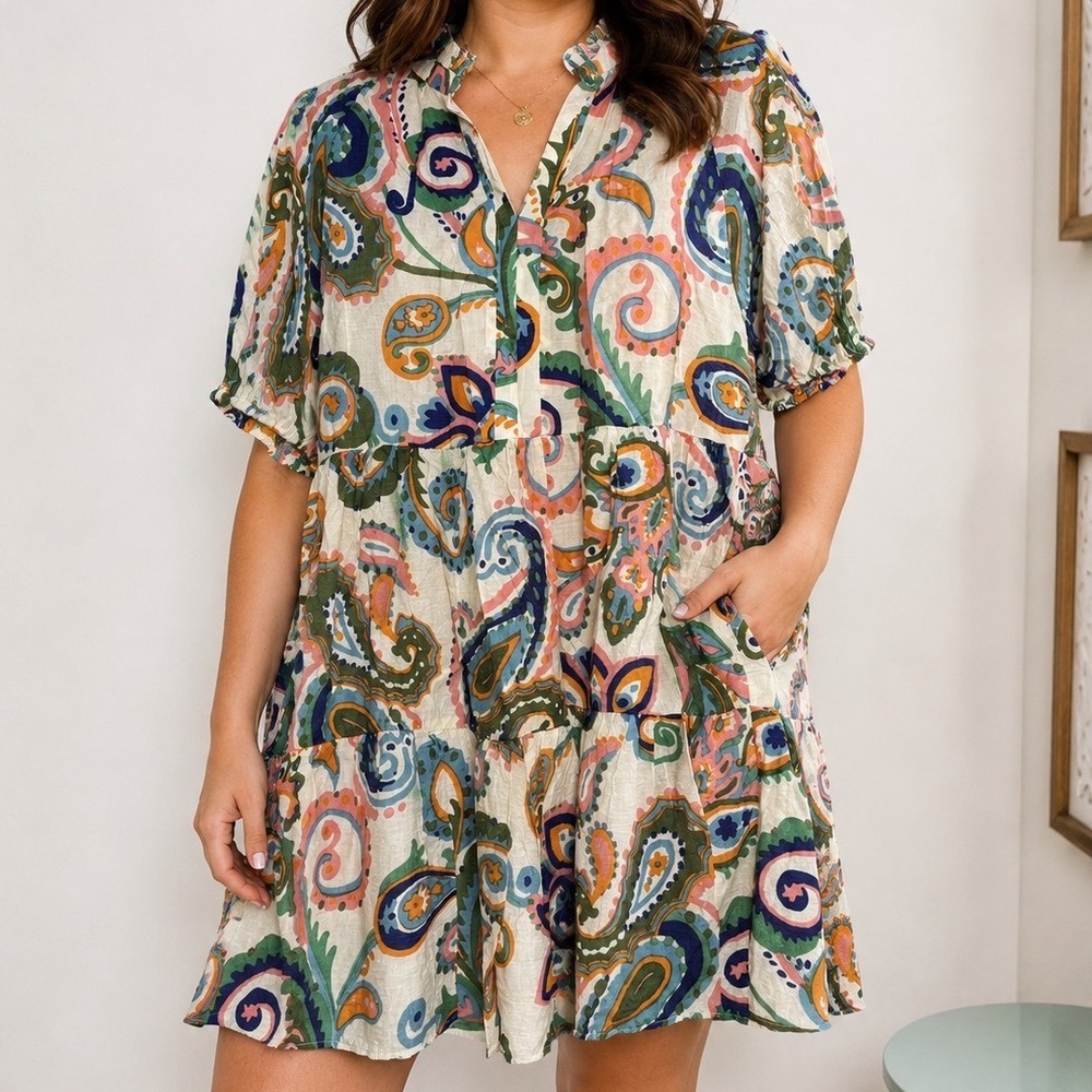 MSK Size Large Paisley Tiered Dress Boho Cottagecore Puff Sleeve Midi Tunic